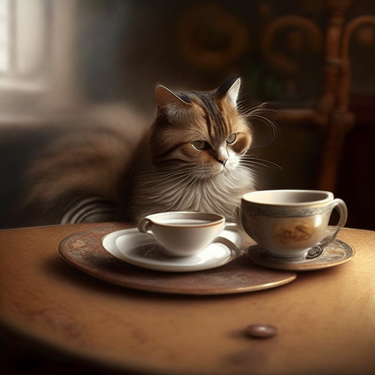 a cat drinking coffee from a saucer on a table