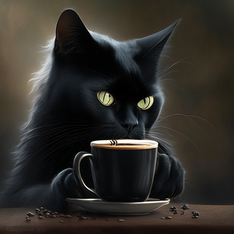 a black cat drinking coffee