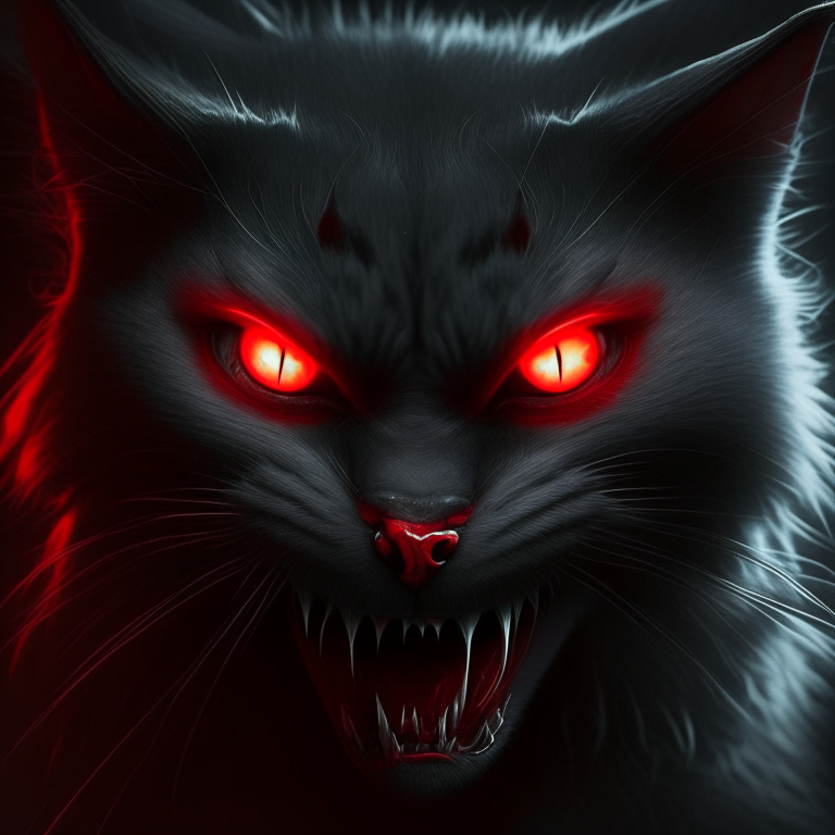 a vampire cat with glowing red eyes and sharp fangs