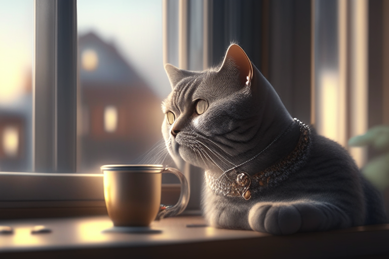 A British Shorthair Tabby drinking coffee with a necklace, sitting on a windowsill, looking outside, with a warm and cozy atmosphere, octane render, 4k