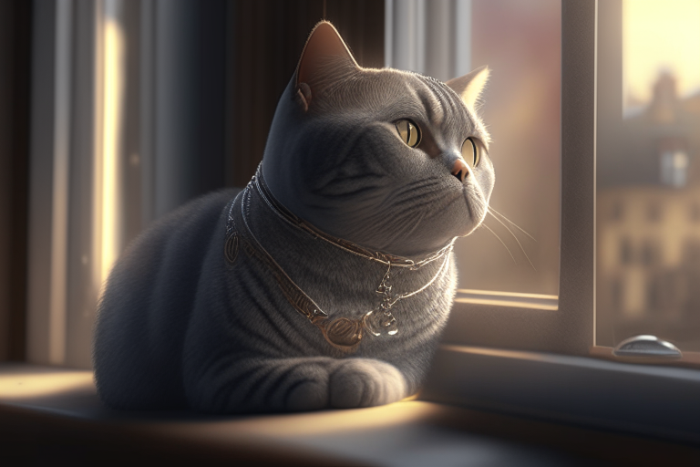 A British Shorthair Tabby with a necklace, sitting on a windowsill, looking outside, with a warm and cozy atmosphere, octane render, 4k