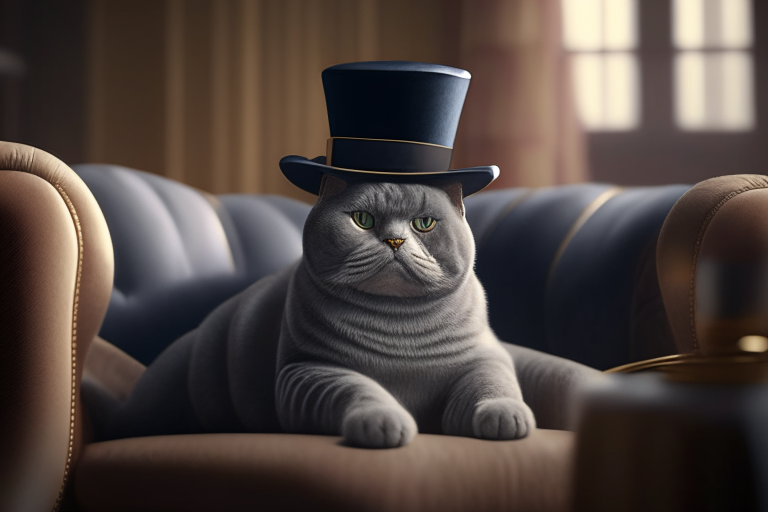 A British Shorthair Tabby with a top hat, sitting on a couch, with a sophisticated atmosphere, octane render, 4k