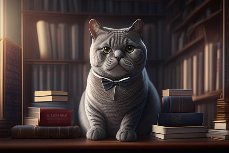 A British Shorthair Tabby with a bowtie, sitting on a bookshelf, surrounded by books, with a studious atmosphere, octane render, 4k