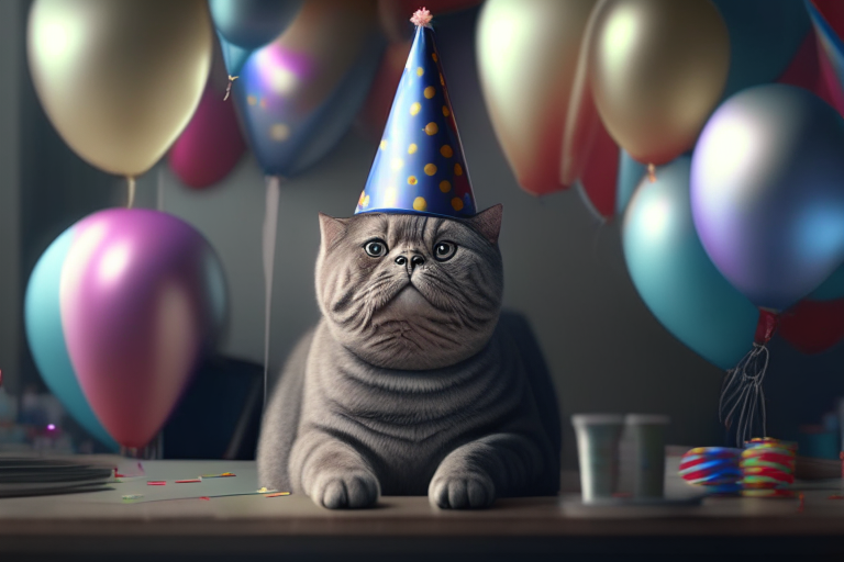 A British Shorthair Tabby with a party hat, sitting on a table, surrounded by balloons, with a festive atmosphere, octane render, 4k