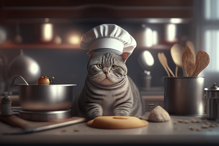 A British Shorthair Tabby with a chef hat, sitting on a kitchen counter, surrounded by cooking utensils, with a culinary atmosphere, octane render, 4k