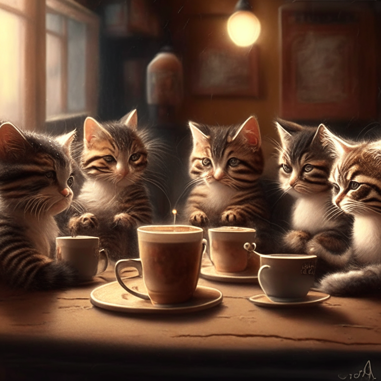 5 kitties drinking coffee in a cozy indoor coffee shop