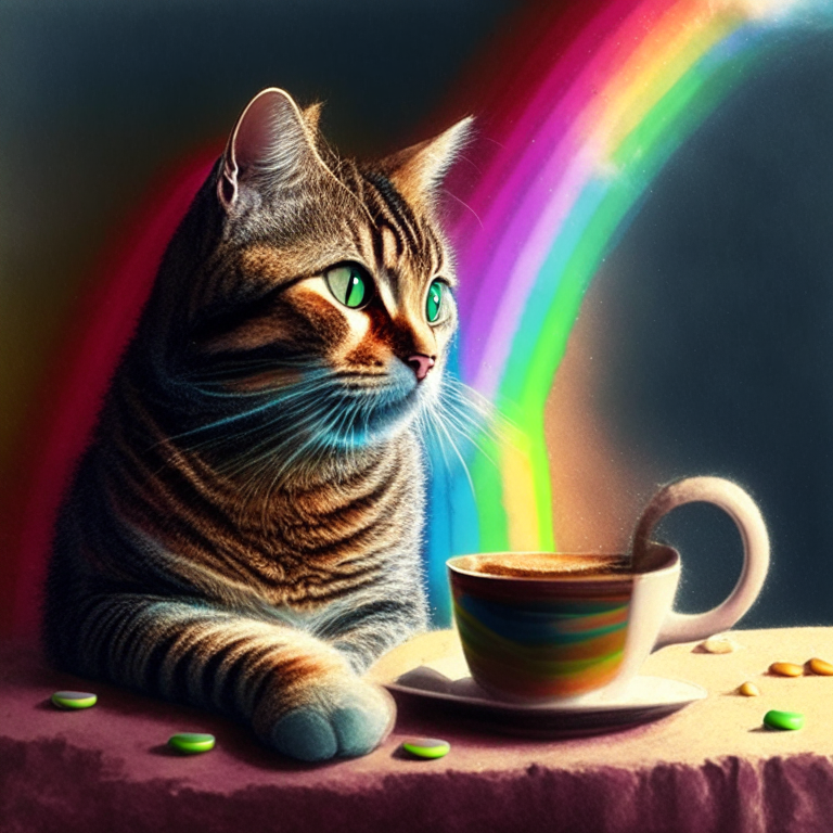 a tabby cat drinking coffee in the rainbow