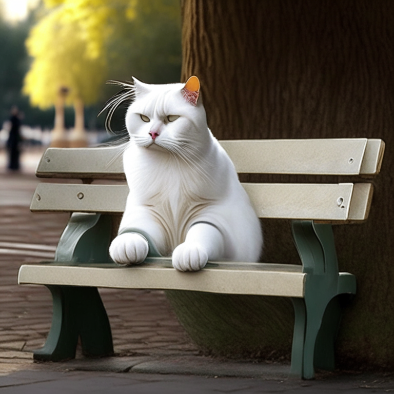 a white tabby cat drinking coffee on a park bench