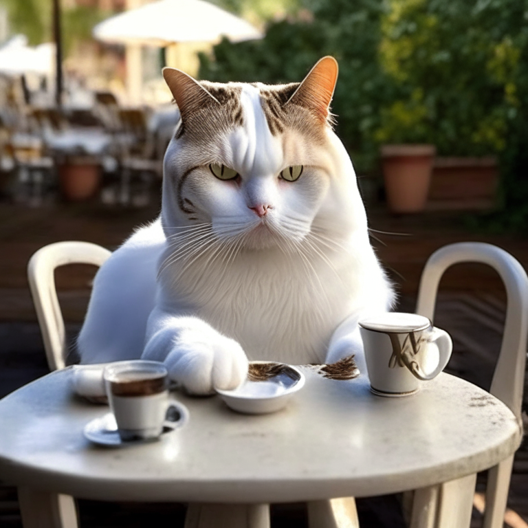 a white tabby cat drinking coffee on a patio table