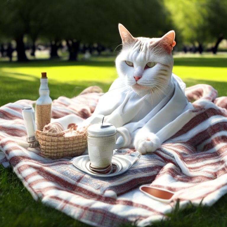 a white tabby cat drinking coffee on a picnic blanket in a park