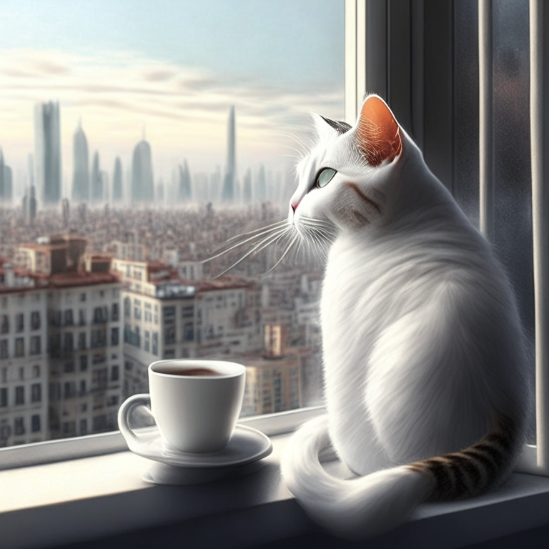 a white tabby cat drinking coffee on a balcony with a view of the city