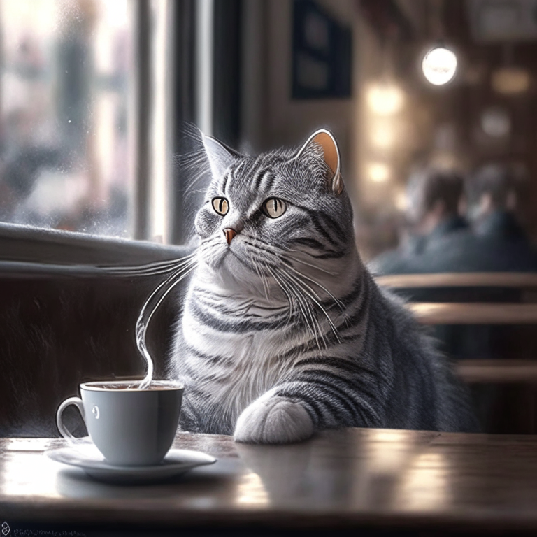 a silver tabby white cat drinking coffee in a cozy indoor coffee shop