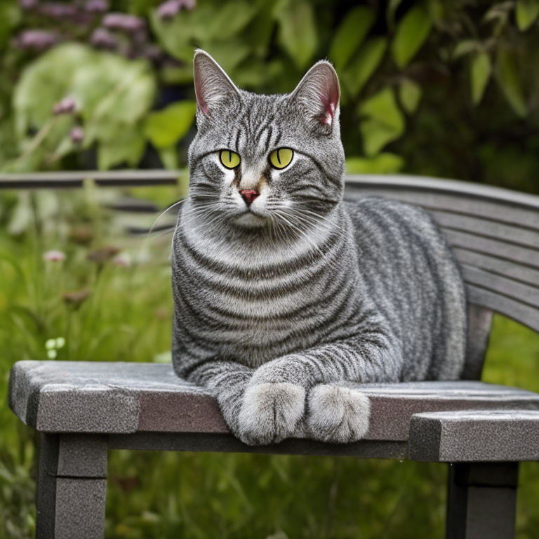 a silver tabby cat sitting on a garden bench