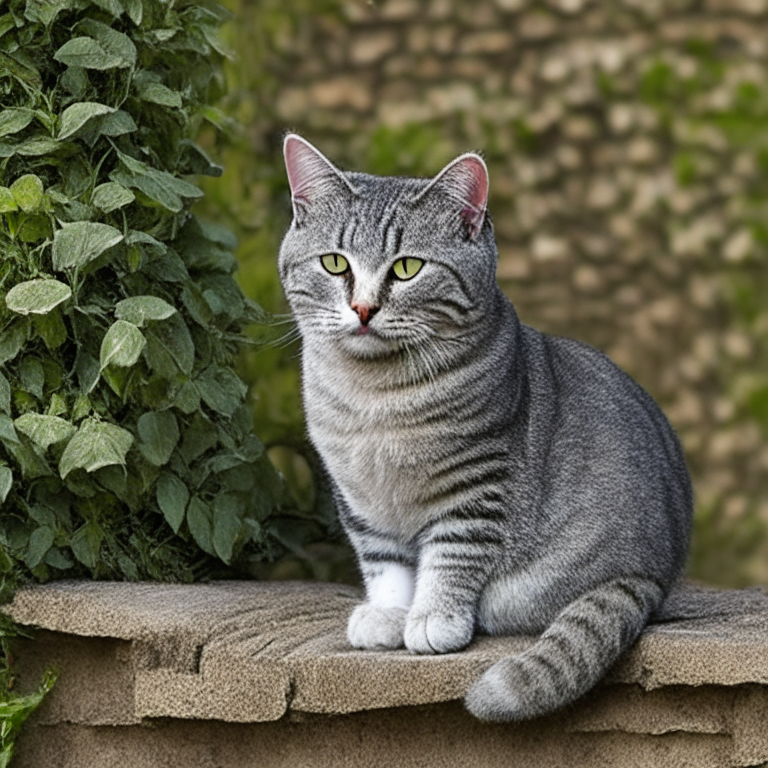 a silver tabby cat sitting on a garden wall