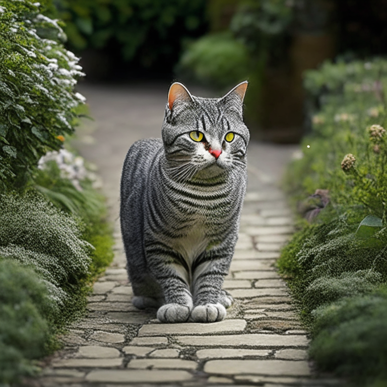 a silver tabby cat sitting on a garden path