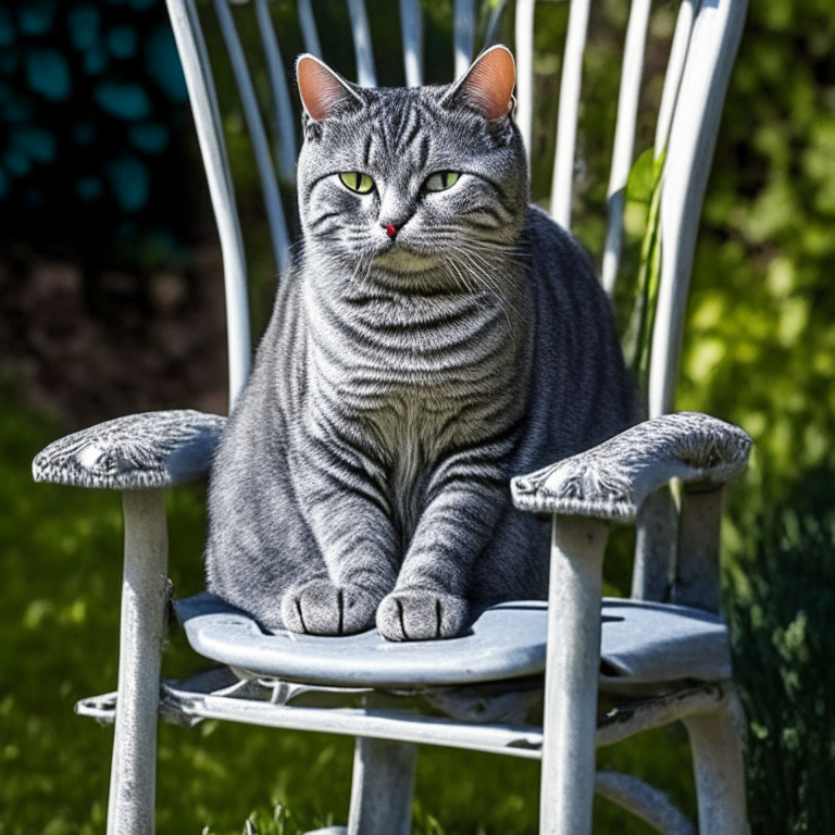 a silver tabby cat sitting on a garden chair