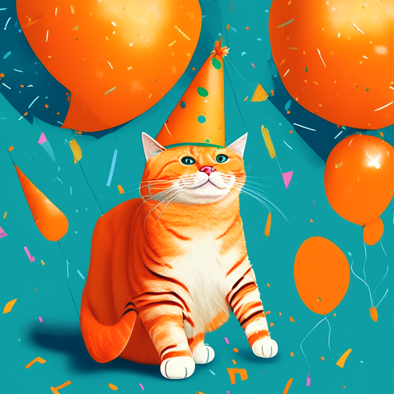 An orange cat wearing a party hat and surrounded by balloons and confetti