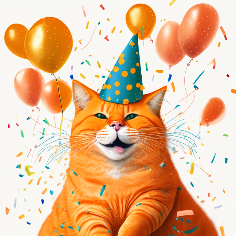 An orange cat wearing a party hat and surrounded by balloons and confetti