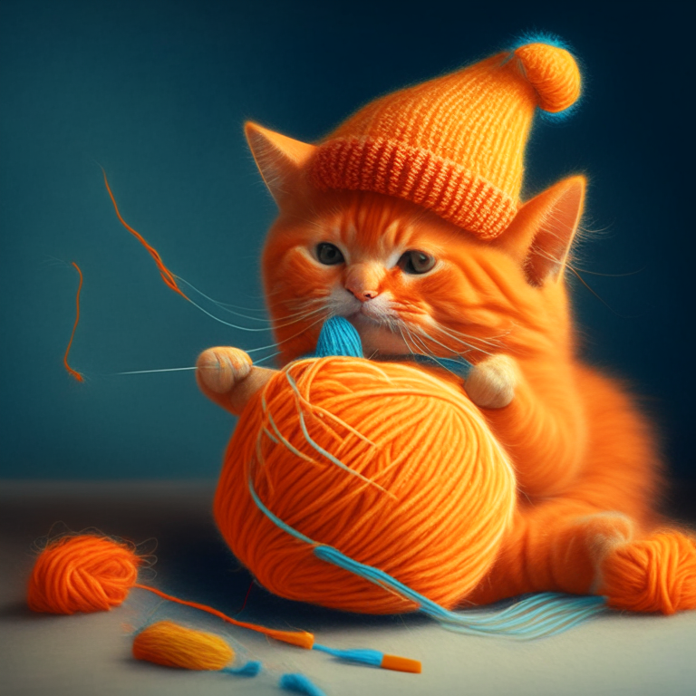 An orange cat playing with a ball of yarn and a birthday hat