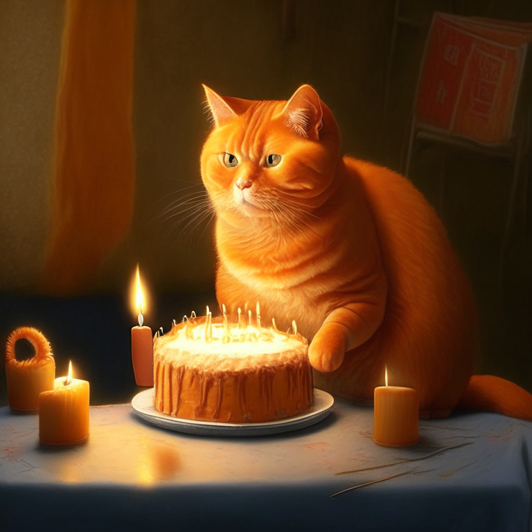 An orange cat sitting on a birthday cake with candles