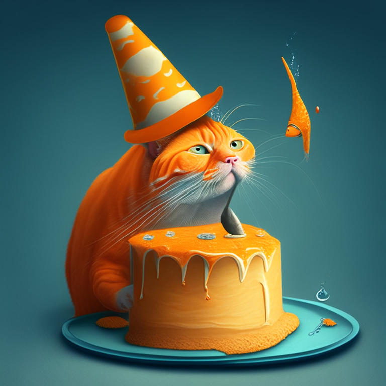 An orange cat wearing a birthday hat and eating a fish-shaped cake