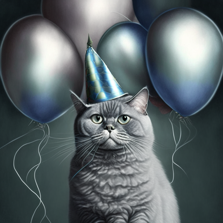 A silver cat wearing a party hat and surrounded by balloons