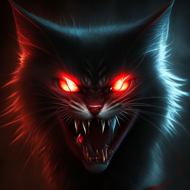 A vampire cat with sharp fangs and glowing eyes