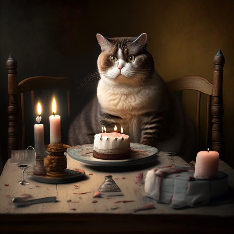 A cat sitting on a table with a cake and candles