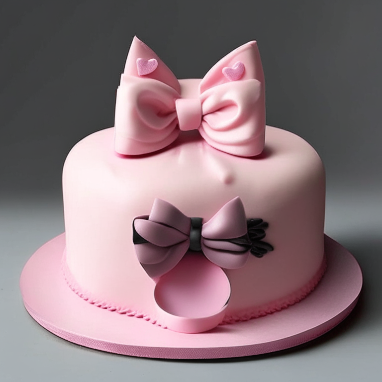 A cake shaped like a cat with a pink bow