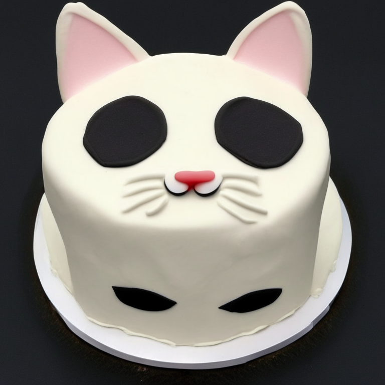 A cake with a cat face and ears made of fondant