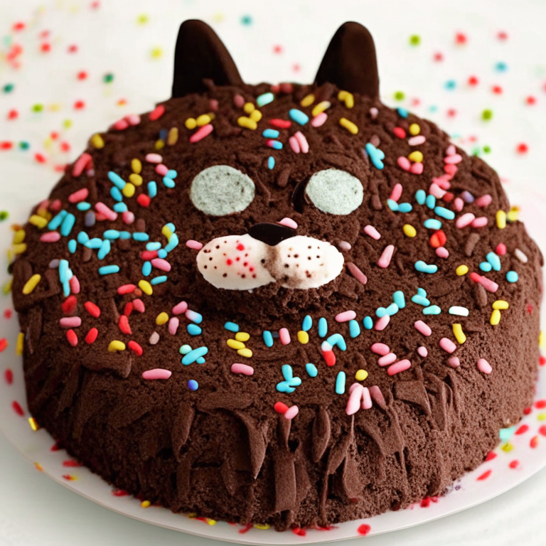 A cat-shaped cake with chocolate frosting and sprinkles