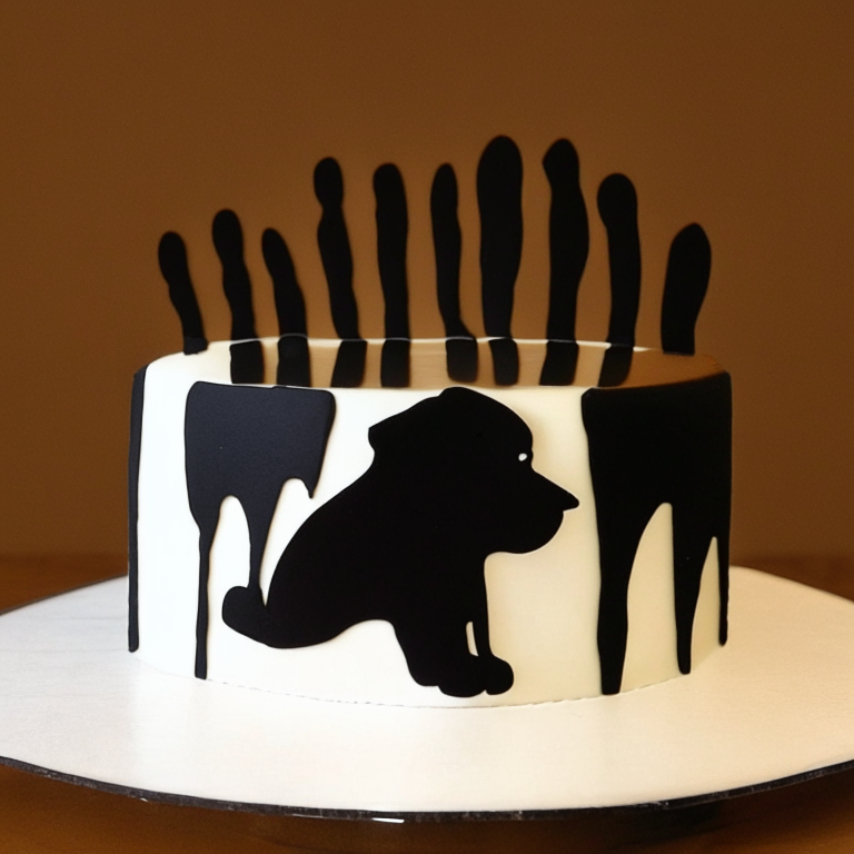 A cake with a cat silhouette and paw prints