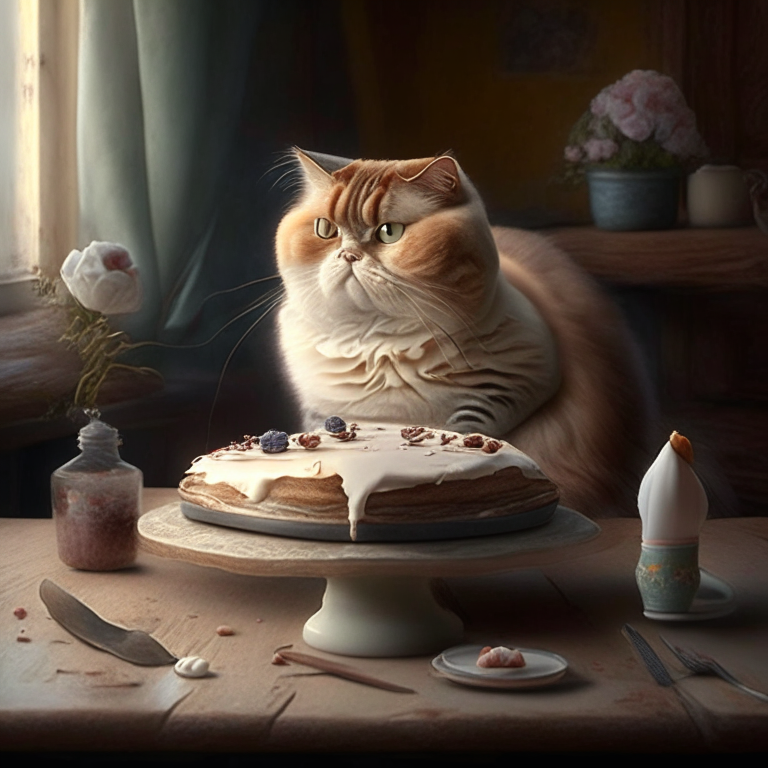 A cat sitting on a table with a beautiful cake