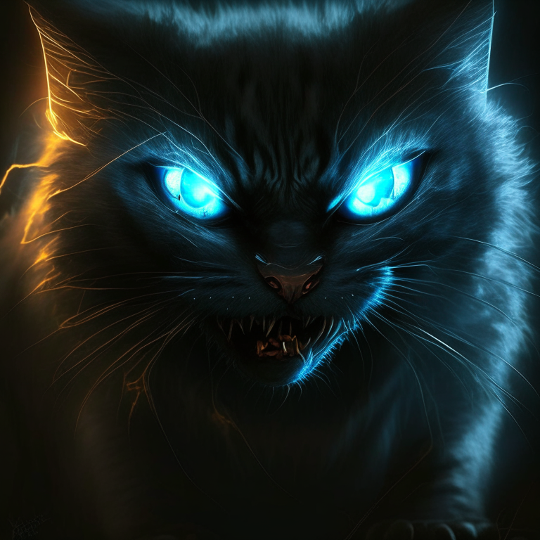 A scary cat with glowing eyes and sharp claws