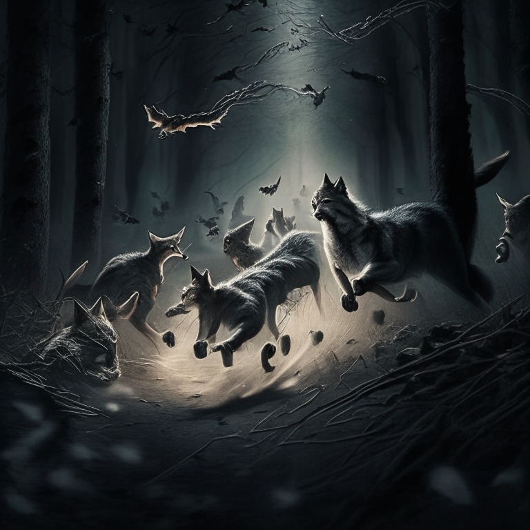 A cat being chased by a pack of wolves in a dark forest