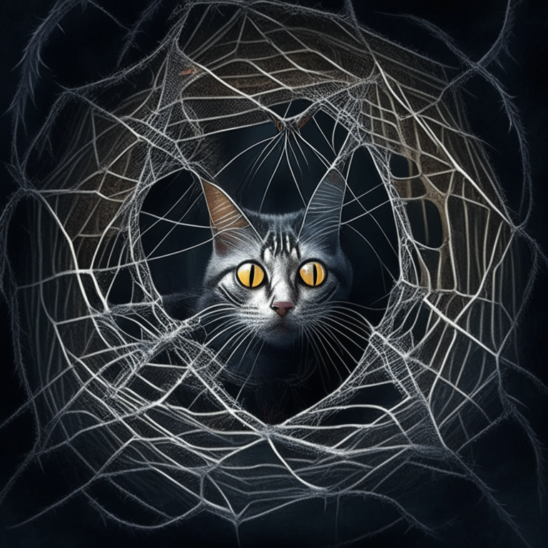 A cat trapped in a spider web with spiders crawling around