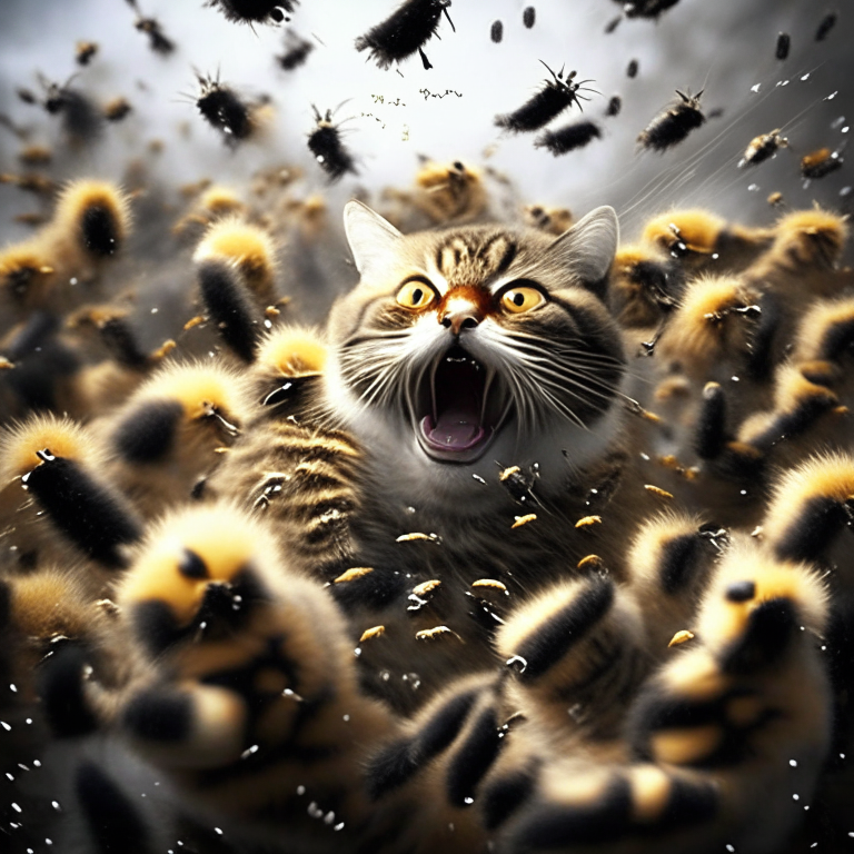 A cat being attacked by a swarm of bees