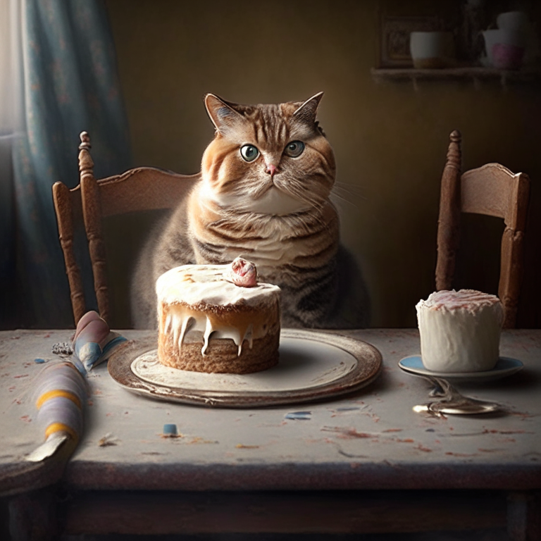 A cat sitting on a table with a cake