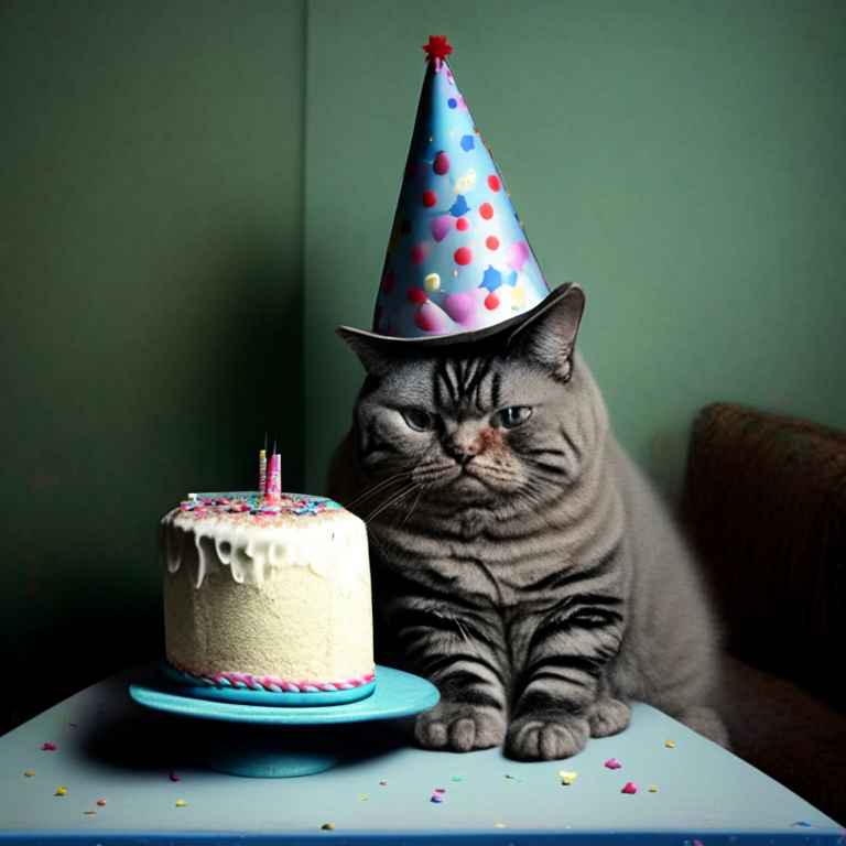 A cat wearing a party hat and sitting next to a cake