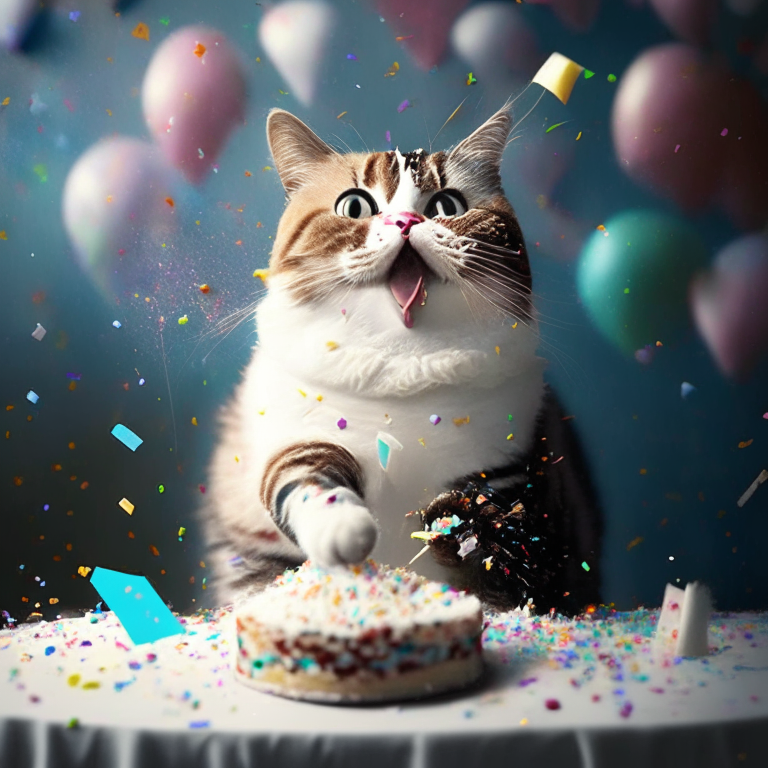 A cat with a cake and confetti in the background