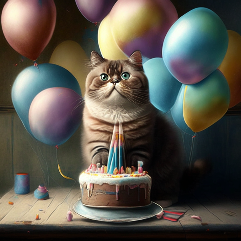 A cat with a cake and balloons in the background