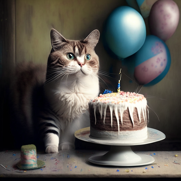 A cat with a cake and a 'Happy Birthday' banner in the background