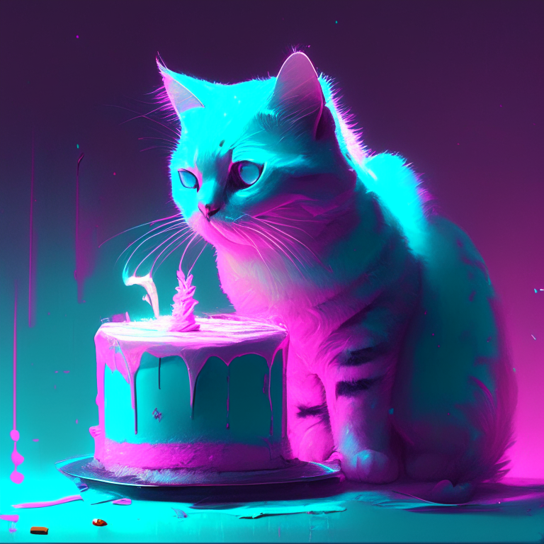 A cat with a cake in the style of Shwedoff, Ross Tran, digital gradient blends, light turquoise and light magenta, McDonaldpunk, optical, vibrant, neon colors