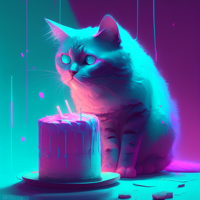 A cat with a cake in the style of Shwedoff, Ross Tran, digital gradient blends, light turquoise and light magenta, McDonaldpunk, optical, vibrant, neon colors