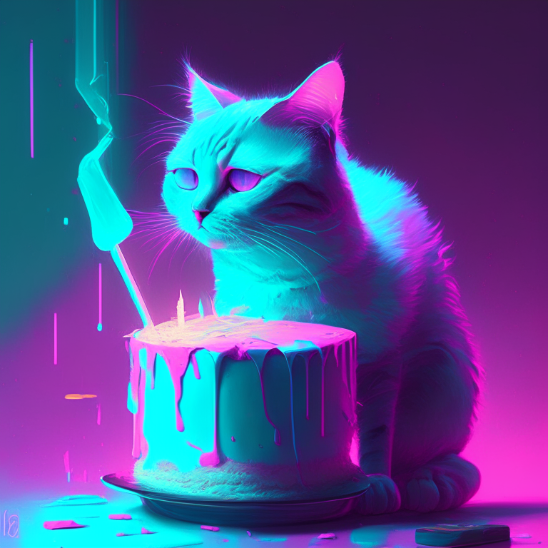 A cat with a cake in the style of Shwedoff, Ross Tran, digital gradient blends, light turquoise and light magenta, McDonaldpunk, optical, vibrant, neon colors