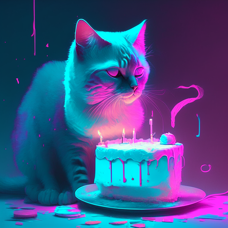 A cat with a cake in the style of Shwedoff, Ross Tran, digital gradient blends, light turquoise and light magenta, McDonaldpunk, optical, vibrant, neon colors