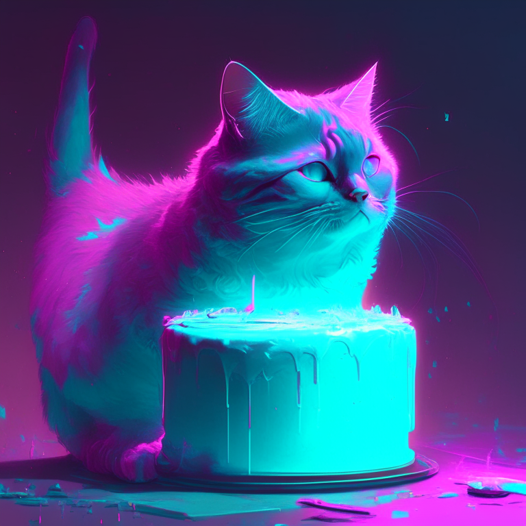 A cat with a cake in the style of Shwedoff, Ross Tran, digital gradient blends, light turquoise and light magenta, McDonaldpunk, optical, vibrant, neon colors