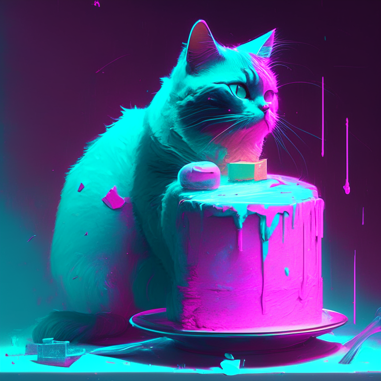 cat, cake, in the style of shwedoff, ross tran, digital gradient blends, light turquoise and light magenta, mcdonaldpunk, optical, vibrant, neon colors