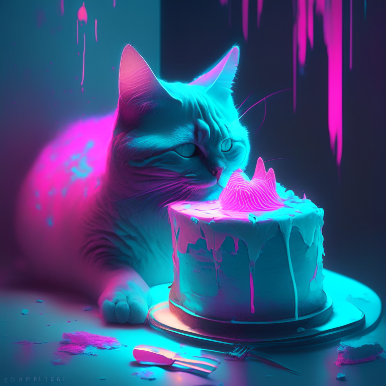 cat, cake, in the style of shwedoff, ross tran, digital gradient blends, light turquoise and light magenta, mcdonaldpunk, optical, vibrant, neon colors