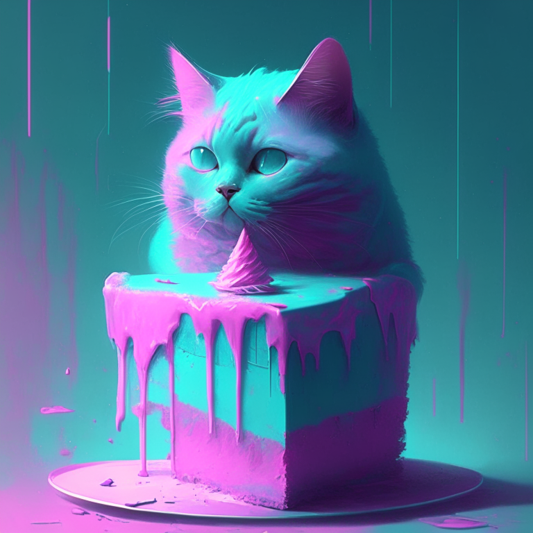 cat, cake, in the style of shwedoff, ross tran, digital gradient blends, light turquoise and light magenta, mcdonaldpunk, optical, vibrant, 